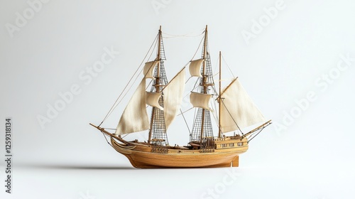 Detailed Wooden Ship Model with Sails on a Minimal Background