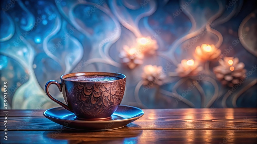 Warm beverage in ornate cup on wooden surface with a dreamy background Warm beverage in ornate cup on wooden surface with a dreamy background