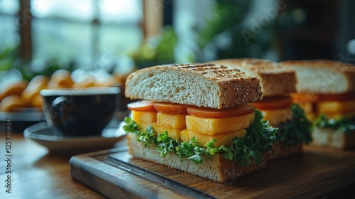 Freshly made sandwich with layers of vegetables and cheese, served on a wooden table in a cozy caf?
