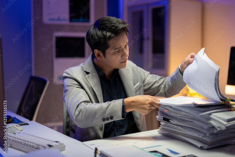 A man is sitting at a desk with a pile of papers in front of him A man is sitting at a desk with a pile of papers in front of him