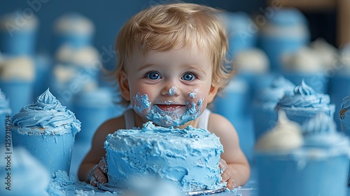 Baby covered in cake frosting during first birthday smash cake session, pure joy evident