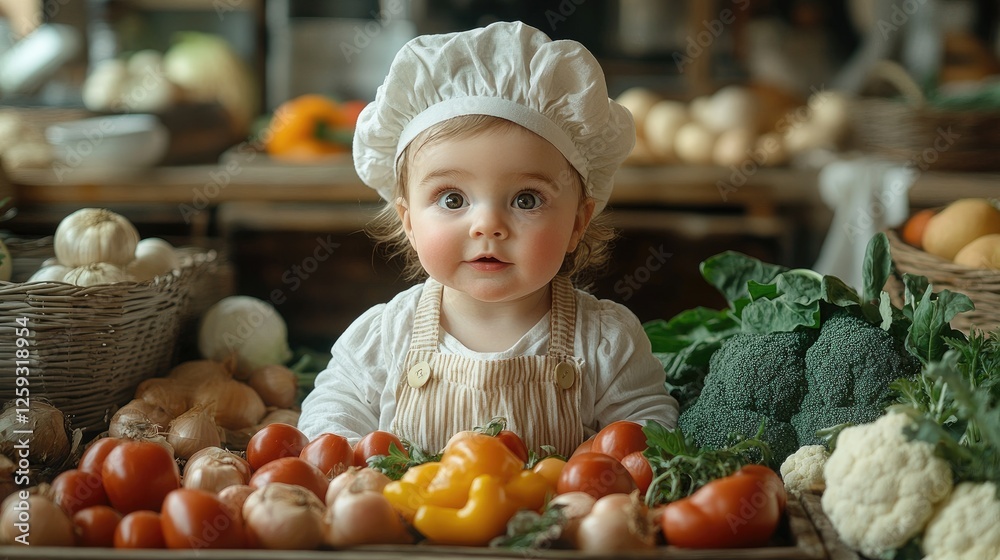Baby dressed as tiny chef sitting among vegetables in rustic kitchen setting