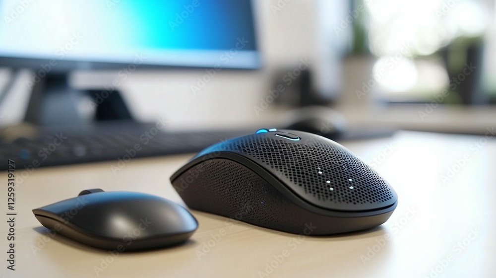 Two black wireless computer mice and a computer on a light beige desk. Two black wireless computer mice and a computer on a light beige desk.