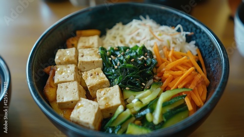 Delicious vegan tofu bibimbap bowl photo