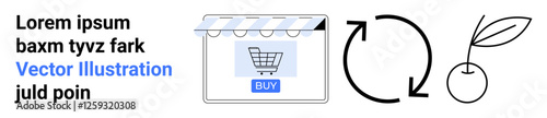 Shopping cart in online store interface, circular recycling icon, and budding plant leaf. Ideal for e-commerce, sustainability, eco-friendly shopping, recycling, growth, online marketing flat