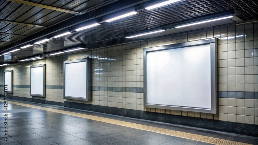 A blank billboard in a dimly lit subway station with only a faint glow from the tube's lights above it , empty billboards, dark environments A blank billboard in a dimly lit subway station with only a faint glow from the tube's lights above it , empty billboards, dark environments