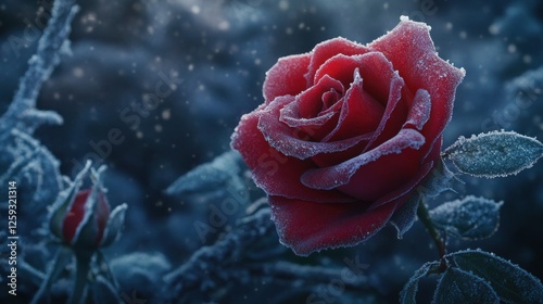 Frozen red rose, winter garden, snowfall background, holiday card photo