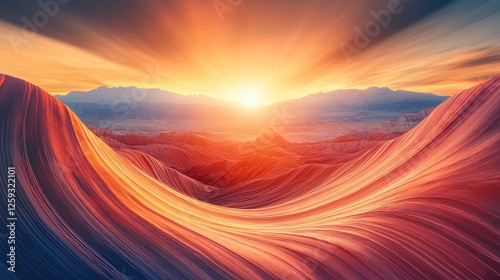 Vibrant sunset over undulating rock formations with layered textures and distant mountains