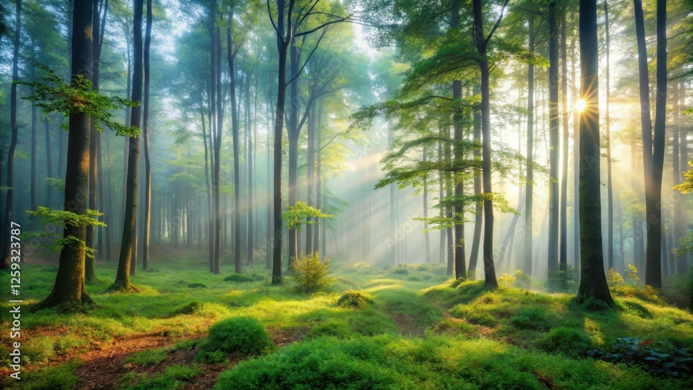 Obraz premium Misty Morning in the Forest, Tranquility, Forest