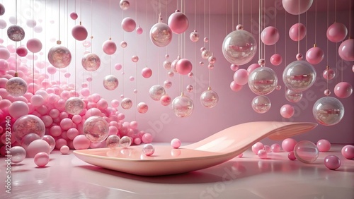 Pink Orb and Balloon Installation An Elegant Display of Suspended Spheres and a Smooth, Curved Platform