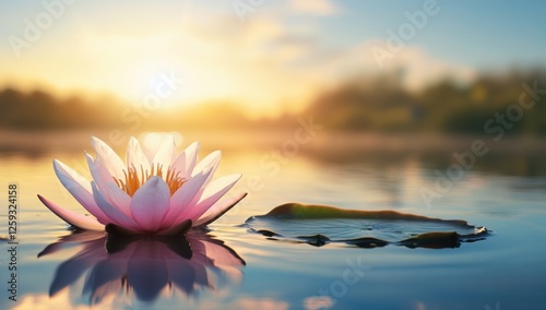 Serene lotus blossom reflecting in calm water at sunrise symbolizing peace and enlightenment