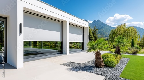 Outdoor patio with weatherproof motorized blinds, offering shade and privacy in a vibrant garden setting, versatile lifestyle concept