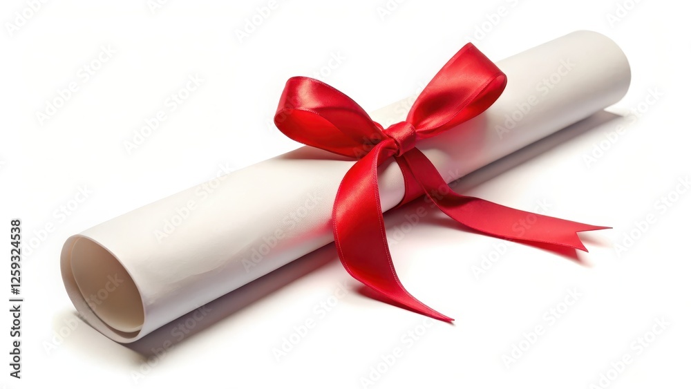 A diploma document with a rolled format, elegantly tied with a bright red ribbon or bow, symbolizing achievement and celebration of educational milestones, celebrations, honors A diploma document with a rolled format, elegantly tied with a bright red ribbon or bow, symbolizing achievement and celebration of educational milestones, celebrations, honors