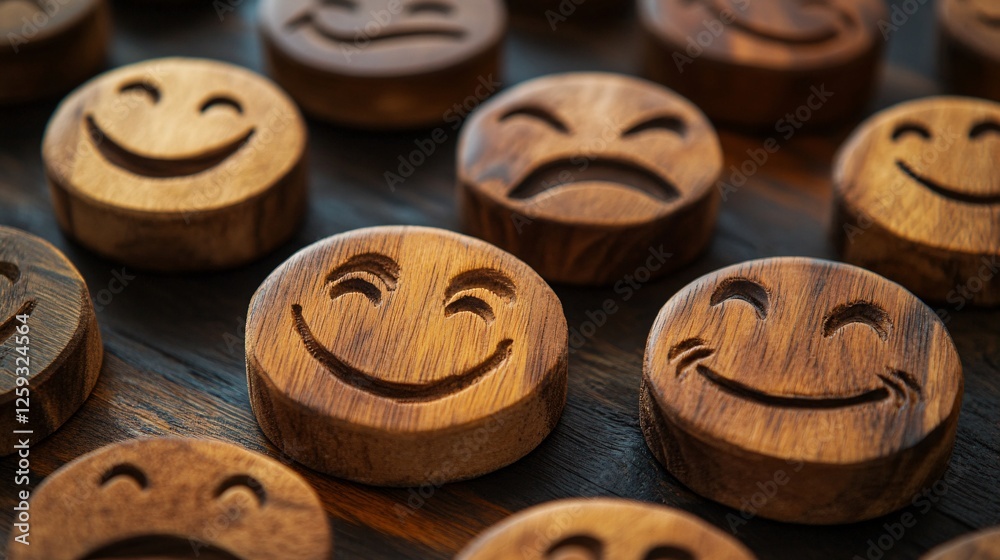 Wooden disks showing happy and sad faces expressing different emotions Wooden disks showing happy and sad faces expressing different emotions
