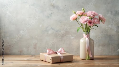 A Delicate Bouquet of Pink Flowers in a Vase with a Gift on a Wooden Table Against a Textured Wall