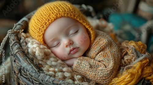 Newborn baby sleeping in vintage fishing creel