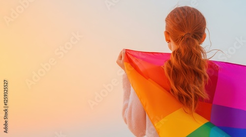 Ginger Woman Holding Pride Flag in Sunset Light photo