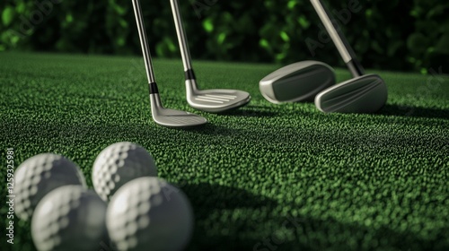 Minimalist golf setup with clubs, balls, and tees on a well-manicured green, highlighting elegance and precision. Ideal for sports and leisure content.