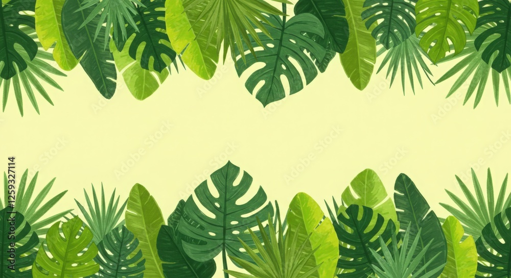 A tropical leaf border featuring monstera, palm, and banana leaves in a hand-drawn style. A tropical leaf border featuring monstera, palm, and banana leaves in a hand-drawn style.