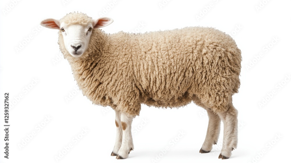 Fluffy Sheep Standing Gracefully on White Background in Studio Fluffy Sheep Standing Gracefully on White Background in Studio