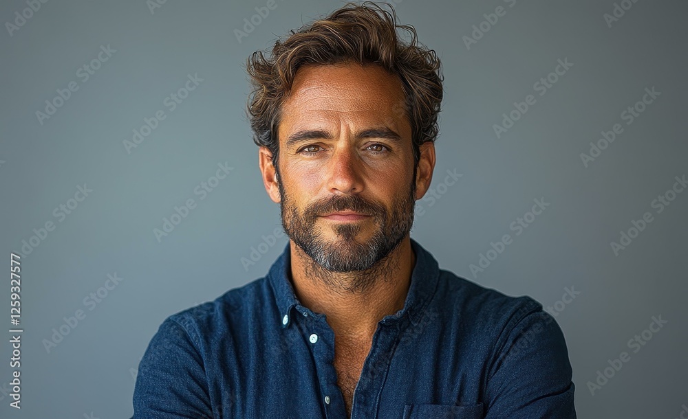 Portrait of a Confident Bearded Man in Casual Blue Shirt Portrait of a Confident Bearded Man in Casual Blue Shirt