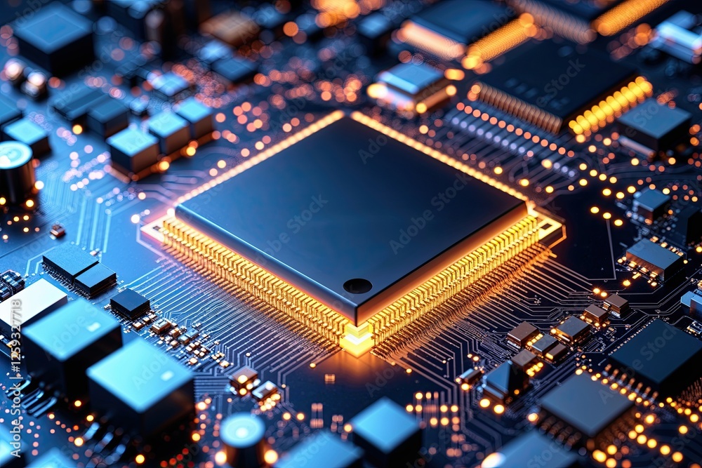 Obraz premium Detailed Image of a Shimmering Integrated Circuit Chip Highlighting Advanced Electronic Technology