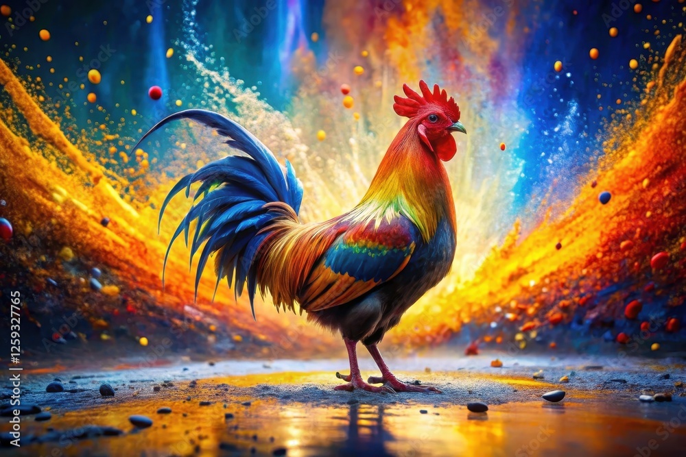 Fototapeta premium A Vibrant Rooster Amidst an Explosion of Color, a Majestic Display of Feathers and Hues in a Dynamic Composition