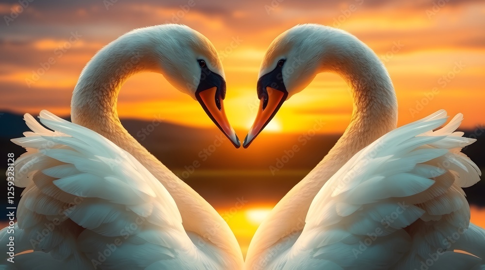 Fototapeta premium Swan Pair Forming a Heart at Sunset Symbolizing Love and Romance