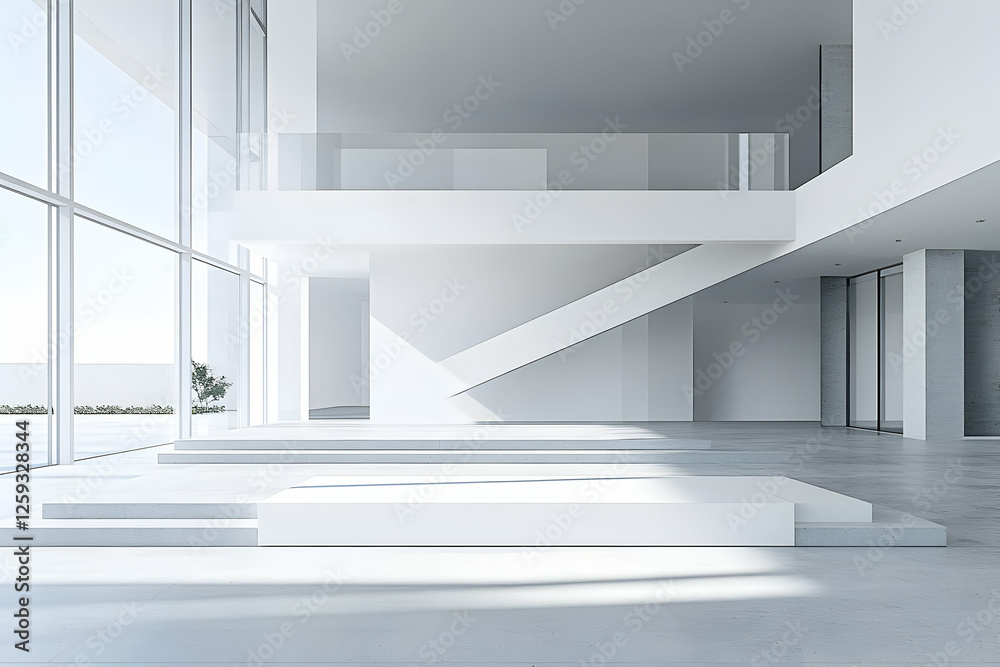 Fototapeta premium Modern minimalist architecture, sunlit interior design showcasing sleek white platforms, glass walls, and a floating staircase. Ideal for real estate, design, and contemporary living concepts.