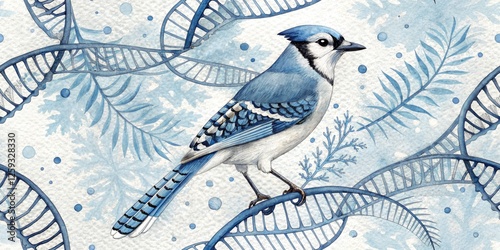 Elegant Blue Jay DNA Double Exposure Background - Abstract Nature Art Print photo