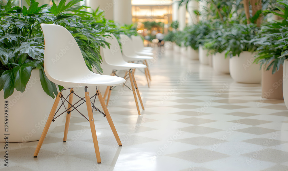 Fototapeta premium Modern white chairs lined up in a bright, plant-filled interior space, showcasing clean design and tranquil ambiance.