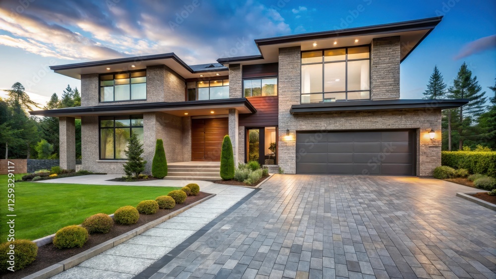 Large modern house with stone walkway leading to the entrance , architectural detail Large modern house with stone walkway leading to the entrance , architectural detail