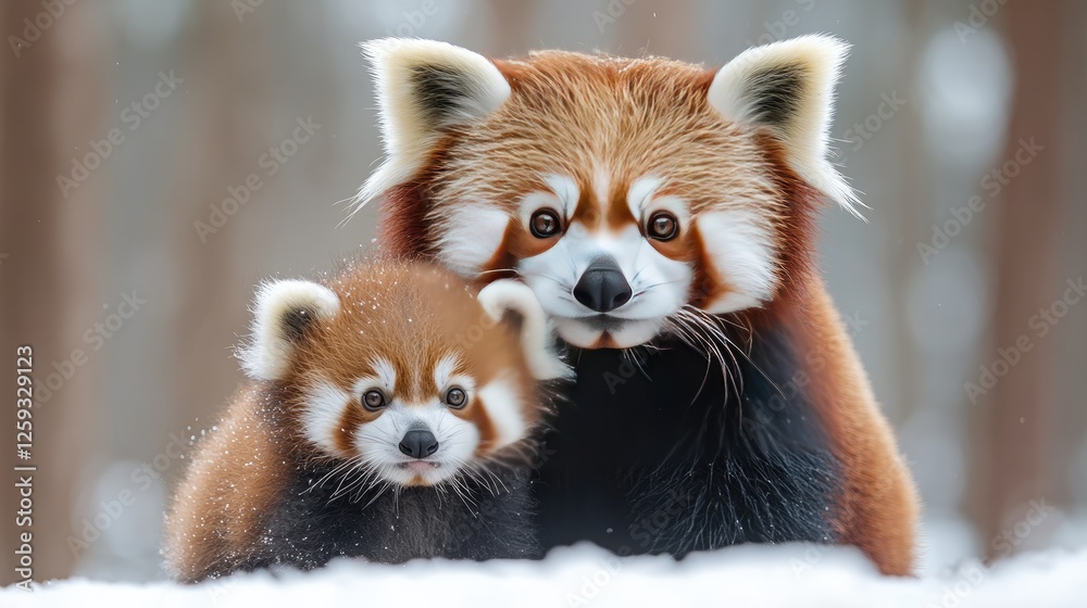 Adorable red pandas cuddle in a snowy forest, showcasing their playful nature and family bond Adorable red pandas cuddle in a snowy forest, showcasing their playful nature and family bond
