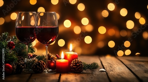 Festive red wine, candles, Christmas decor, bokeh background; holiday celebration