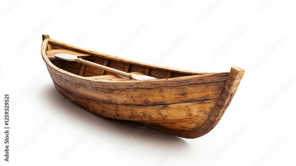 Rustic Wooden Boat with Oars on a White Background Rustic Wooden Boat with Oars on a White Background