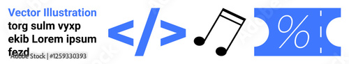Coding brackets, music note, percentage discount ticket on clean layout. Ideal for coding, technology, music, e-commerce, education discounts creativity. Abstract line flat metaphor