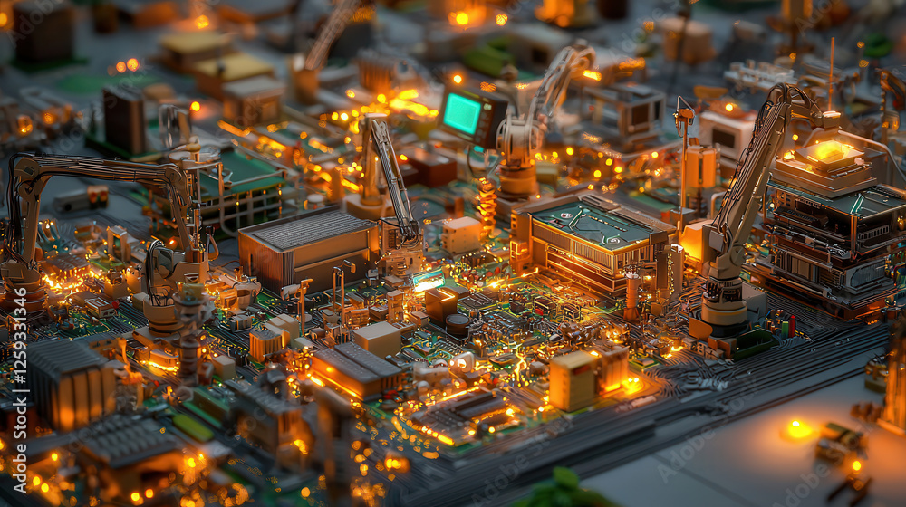 Obraz premium detailed view of robotic arms assembling electronic devices in glowing factory setting, showcasing advanced technology and automation