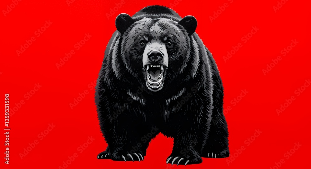 Fototapeta premium Growling Black Bear Illustration Against Red Background with Teeth Showing