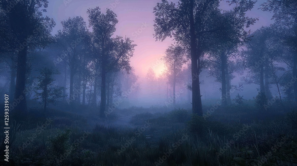 Misty Forest Sunrise Path Through Trees Misty Forest Sunrise Path Through Trees