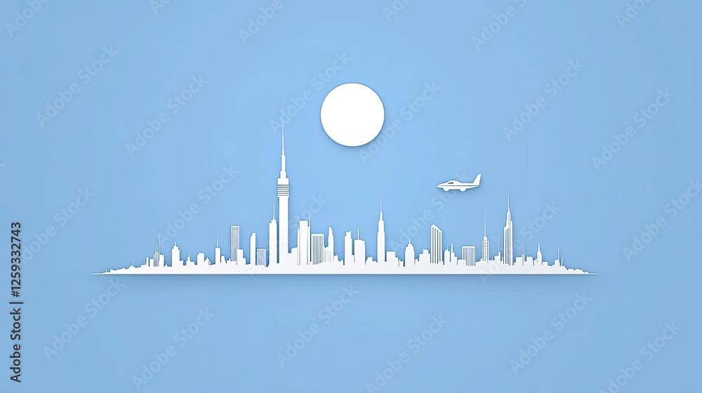 Obraz premium Minimalist skyline silhouette with an airplane flying under a bright sun in a clear blue sky