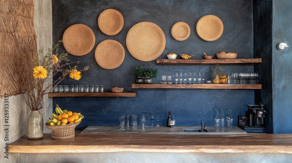 A creative work setup with an indigo accent wall, floating wooden shelves, and stylish decor. A creative work setup with an indigo accent wall, floating wooden shelves, and stylish decor.