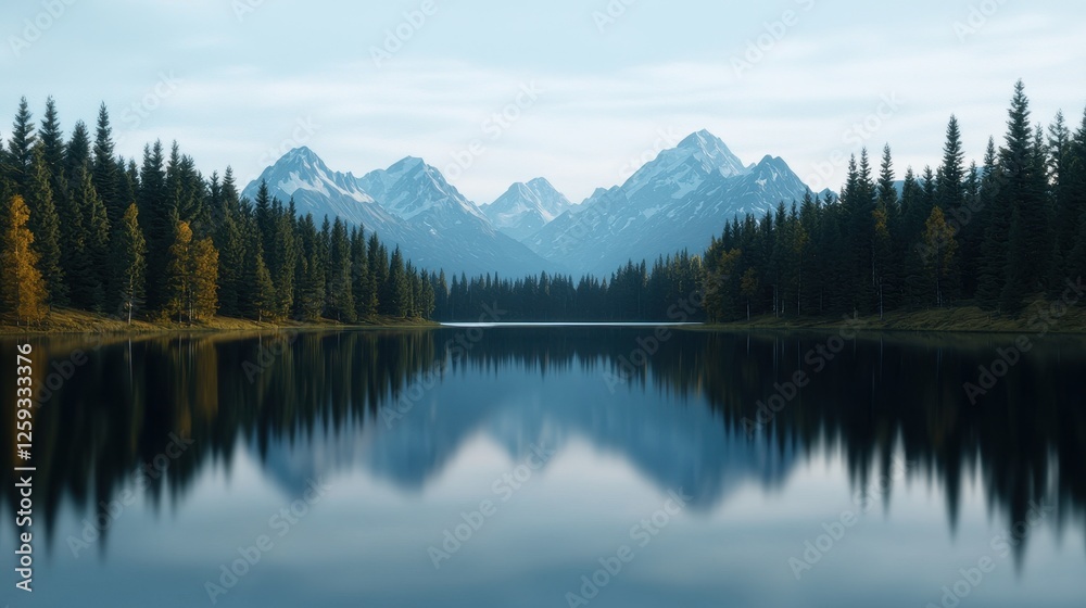 Serene Mountain Reflection in Tranquil Forest Lake Landscape Serene Mountain Reflection in Tranquil Forest Lake Landscape