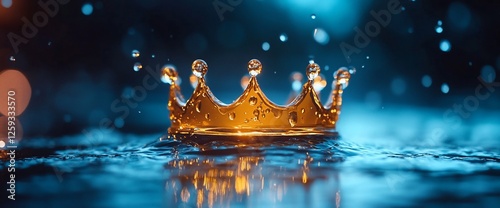 Golden crown splashing in water, bokeh background, royalty concept