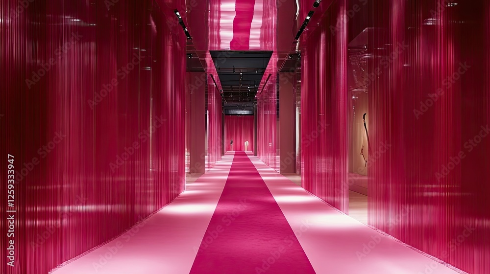 Fototapeta premium A glamorous pink fashion show backdrop with bold neon lighting and elegant design elements.
