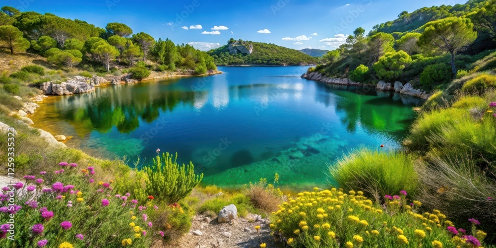 Lush greenery and vibrant wildflowers on the slopes of Porquerolles island's rugged limestone hills, surrounding a serene lake or pond with crystal clear waters , lake, limestone hills Lush greenery and vibrant wildflowers on the slopes of Porquerolles island's rugged limestone hills, surrounding a serene lake or pond with crystal clear waters , lake, limestone hills