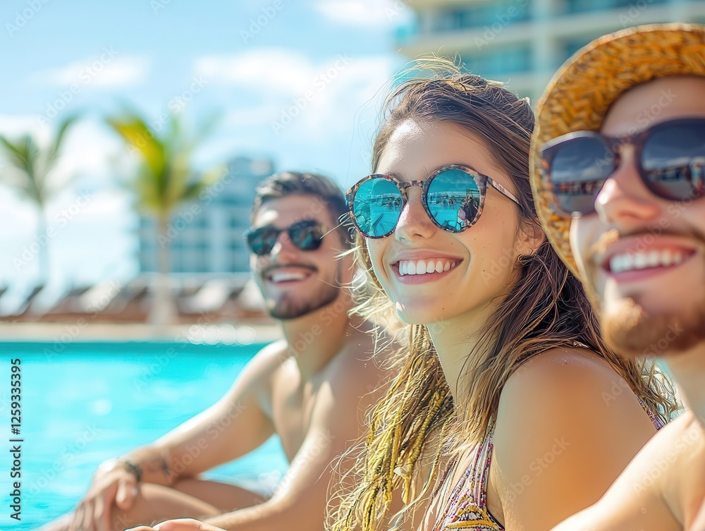Group of friends relaxing by a hotel pool on spring break Group of friends relaxing by a hotel pool on spring break