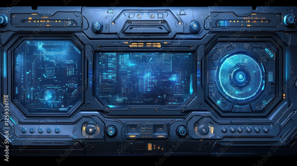 Futuristic spaceship control panel interface, glowing screens, dark background, game design Futuristic spaceship control panel interface, glowing screens, dark background, game design
