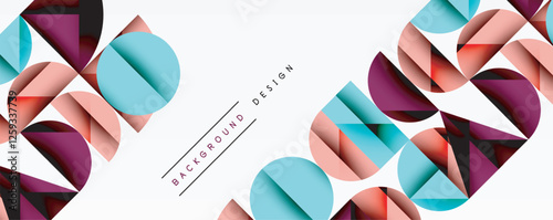 Abstract geometric background with layered gradient shapes forming dynamic patterns. Overlapping semi circles and triangles create depth and contrast