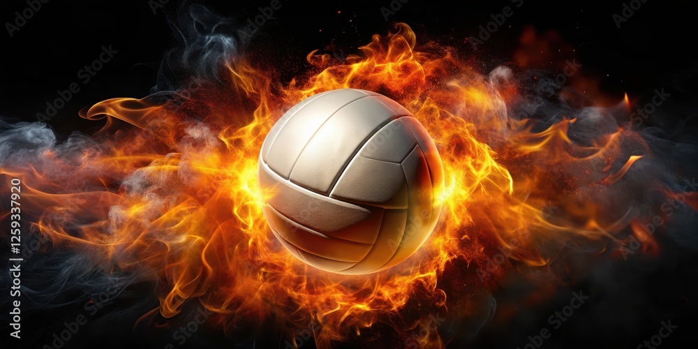 Fototapeta premium Volleyball in flames surrounded by darkness and smoke on a black background with fiery orange and red hues, sport