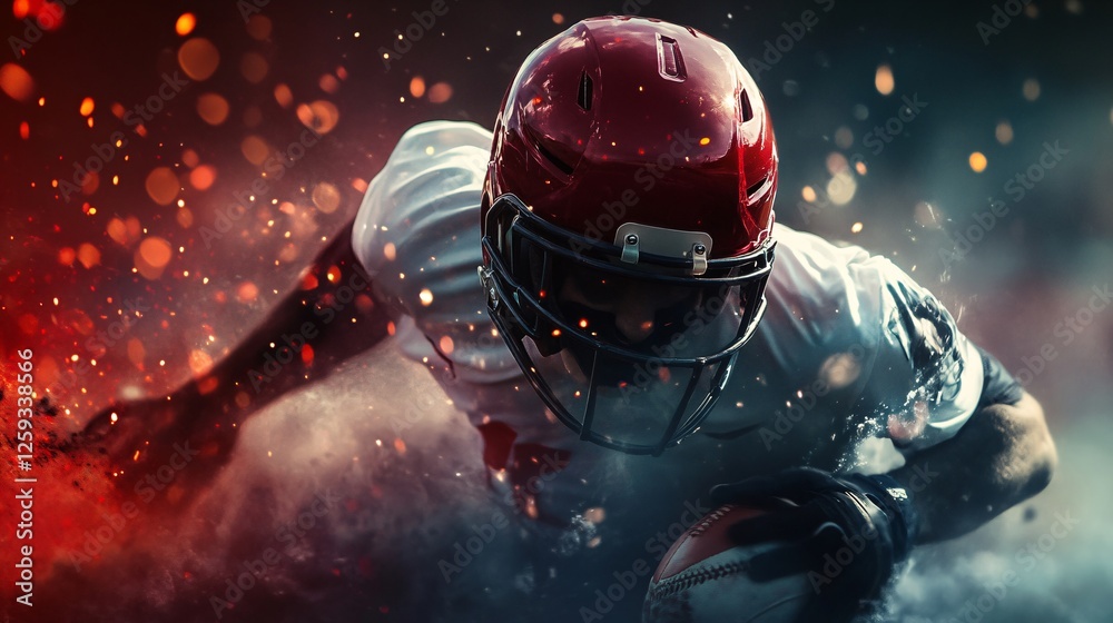 American football player running with the ball in a dramatic scene with fire sparks American football player running with the ball in a dramatic scene with fire sparks